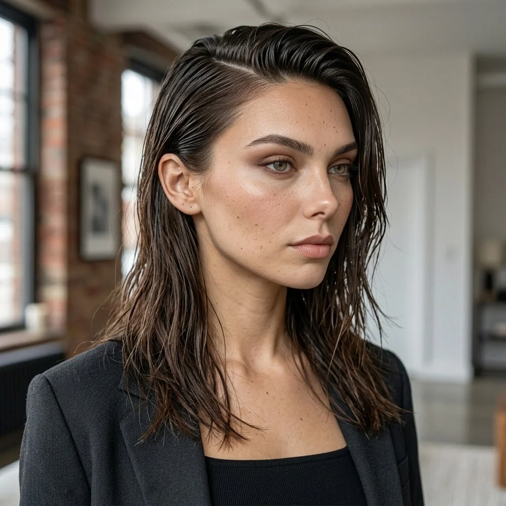 Woman hair styled with a Wet-Look Side Sweep With Textured Ends