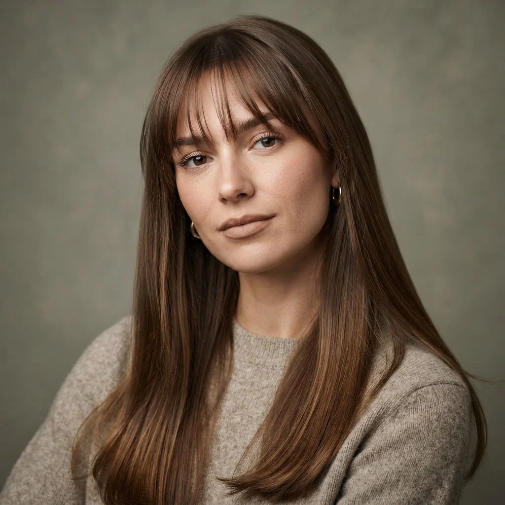 Woman hair styled with a Wispy Brow-Grazing Bangs With Sleek Length