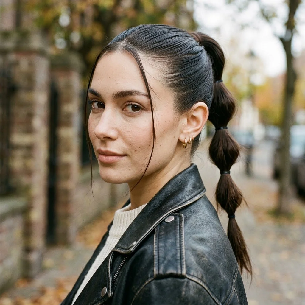 Woman hair styled with a Slicked-Back Mini Bubble Pony With Face Pieces